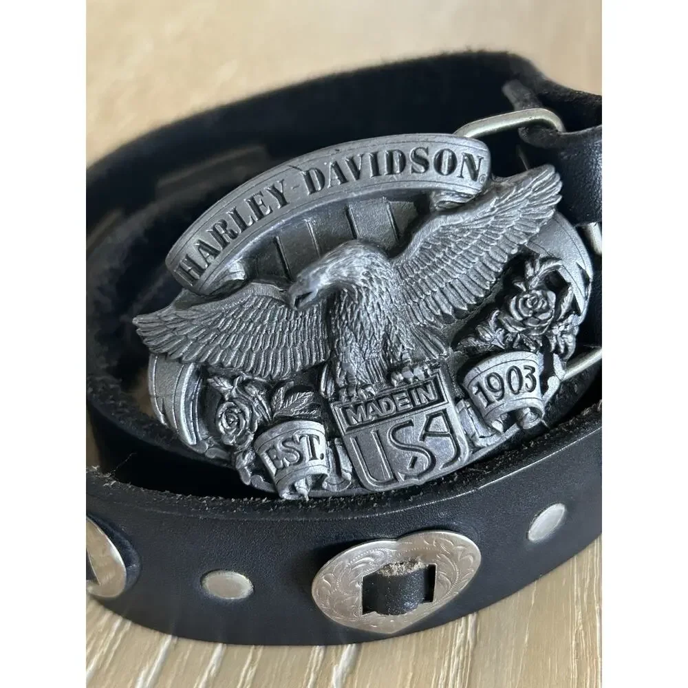 VTG 1989 Harley-Davidson Eagle Roses Belt Buckle Black Leather Sz 26 Heart Studs